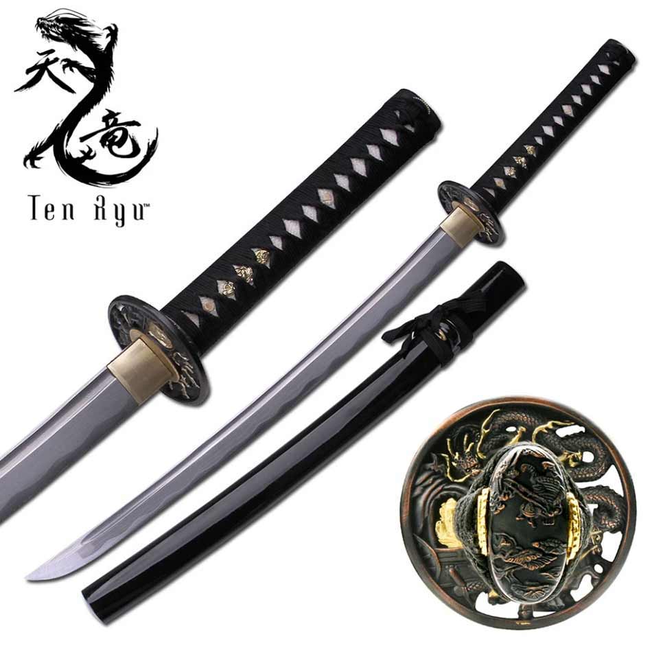 Miecz Wakizashi Ten Ryu Damascus Sword Dragon Tsuba