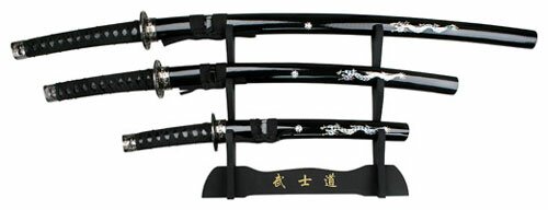 Zestaw trzech mieczy samurajskich z podstawką